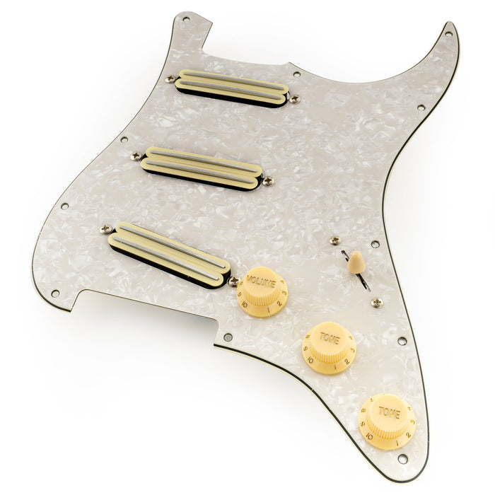 detail of musiclily pro se st dpha pre wired sss pickguard with alnico 5 mini rail humbucker for strat style electric guitar