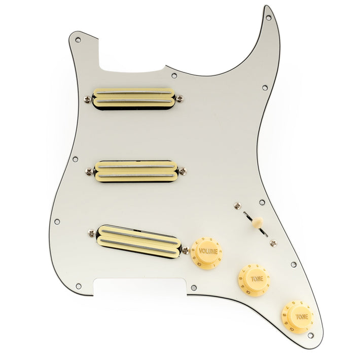 musiclily pro se st dpha pre wired sss pickguard with alnico 5 mini rail humbucker for strat style electric guitar, aged white