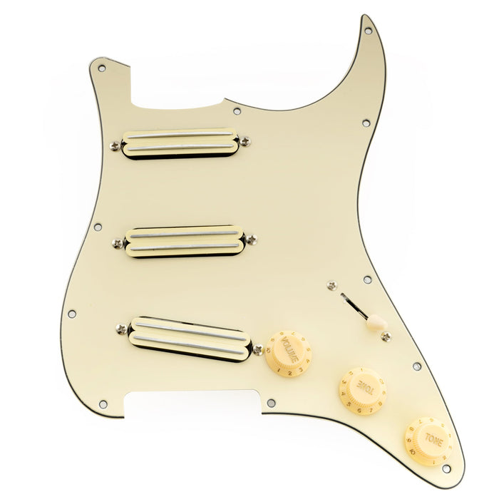 musiclily pro se st dpha pre wired sss pickguard with alnico 5 mini rail humbucker for strat style electric guitar cream