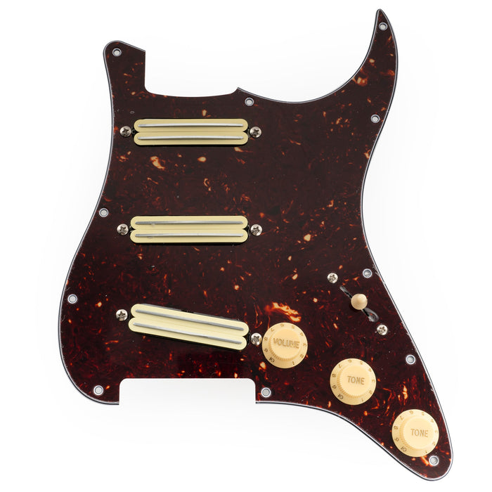 musiclily pro se st dpha pre wired sss pickguard with alnico 5 mini rail humbucker for strat style electric guitar, tortoise shell