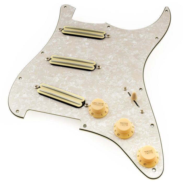 detail of musiclily pro se st dphc pre wired sss pickguard with ceramic mini rail humbucker for strat style electric guitar