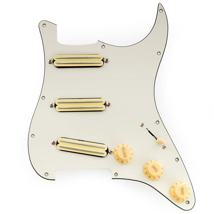 musiclily pro se st dphc pre wired sss pickguard with ceramic mini rail humbucker for strat style electric guitar, aged white
