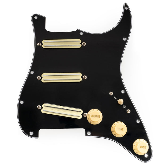 musiclily pro se st dphc pre wired sss pickguard with ceramic mini rail humbucker for strat style electric guitar, Zebra