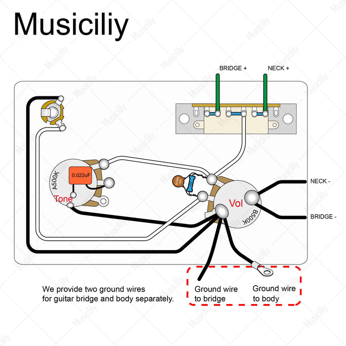 Musiclily Pro Electric Guitar Pre-wired Wiring Harness Upgrade for Import Style ST HH with 3-Way Switch and 1A1B Pots