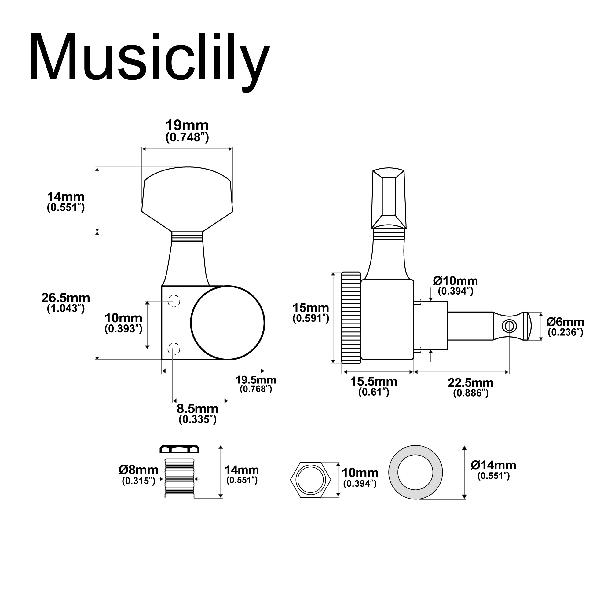 Musiclily Pro R15J 6-in-line 15:1 Ratio 2-Pin Full Sealed Locking Machine Heads Tuners Tuning Pegs Keys with Hex Button for SQ Strat Tele Style Electric Guitar Musiclily Pro