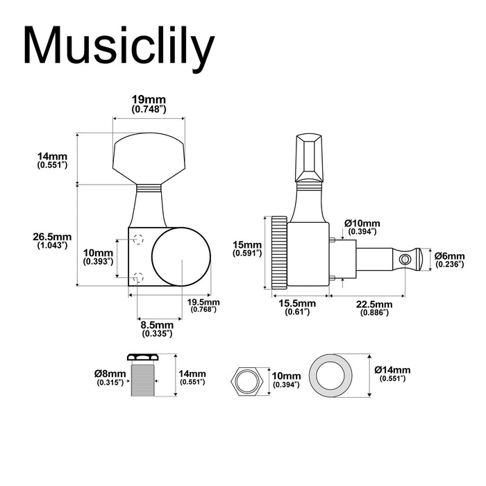 Musiclily Pro Single 15:1 Ratio 2-Pin Full Sealed Locking Machine Head Bass Side Tuner Tuning Peg Key with Hex Button for SQ Strat Tele Style Electric Guitar