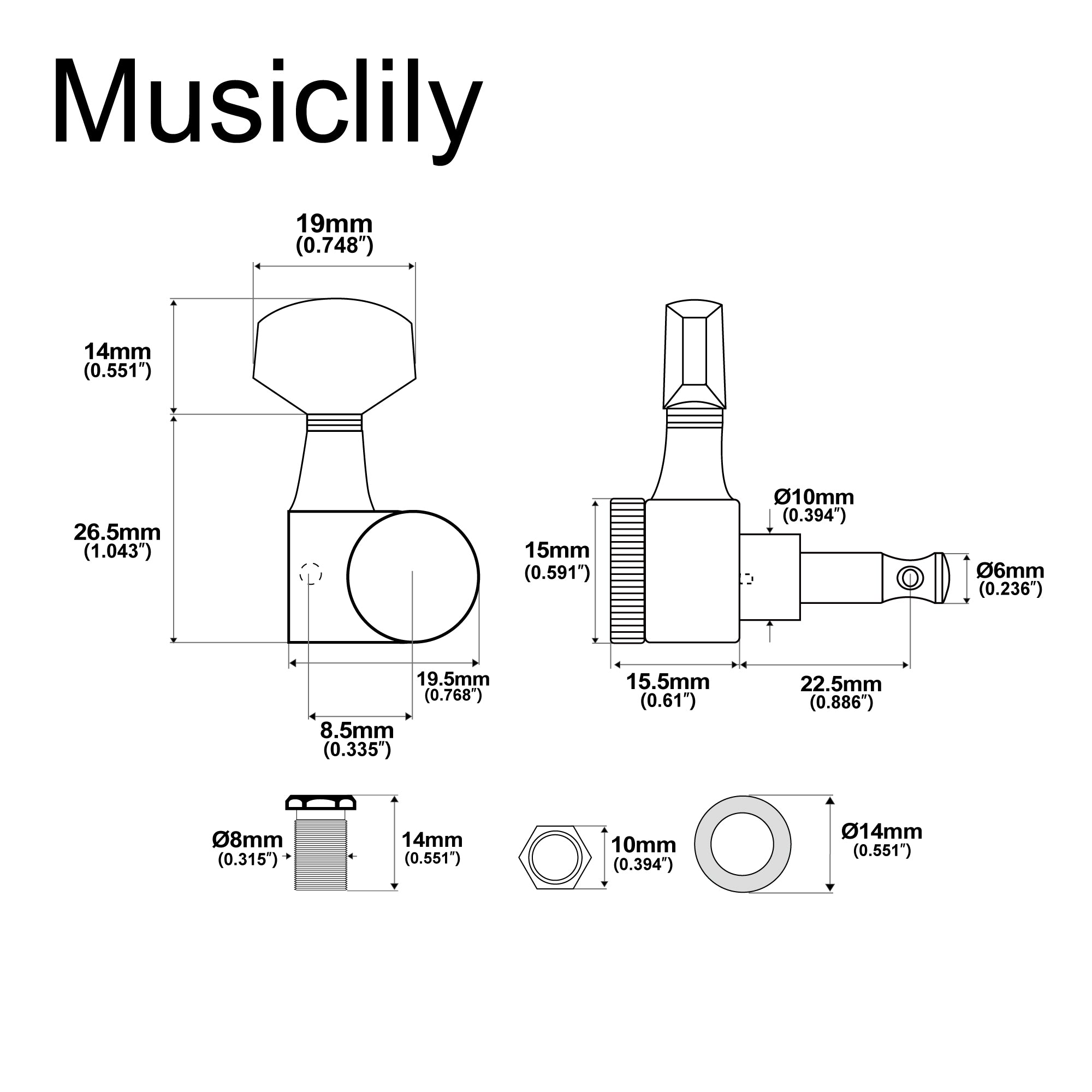 Musiclily Pro R15J 6-in-line 15:1 Ratio 1-Pin Full Sealed Locking Machine Heads Tuners Tuning Pegs Keys with Hex Button for SQ Strat Tele Style Electric Guitar Musiclily Pro