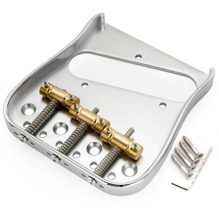musiclily ultra left handed 54mm2 1 8 inch string spacing dual load curved tele guitar bridge with full solid brass plate and wave style compensated 3 saddle mx3265p