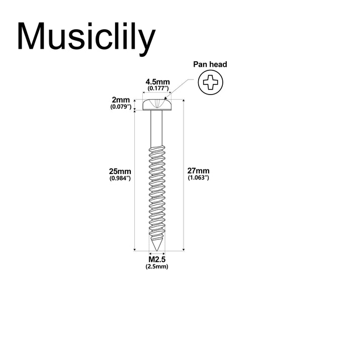 Musiclily Ultra Metric M2.5x25mm Stainless Steel Pickup Mounting Wood Screws Phillips Pan Head Half Thread for Electric Guitar (Set of 10)