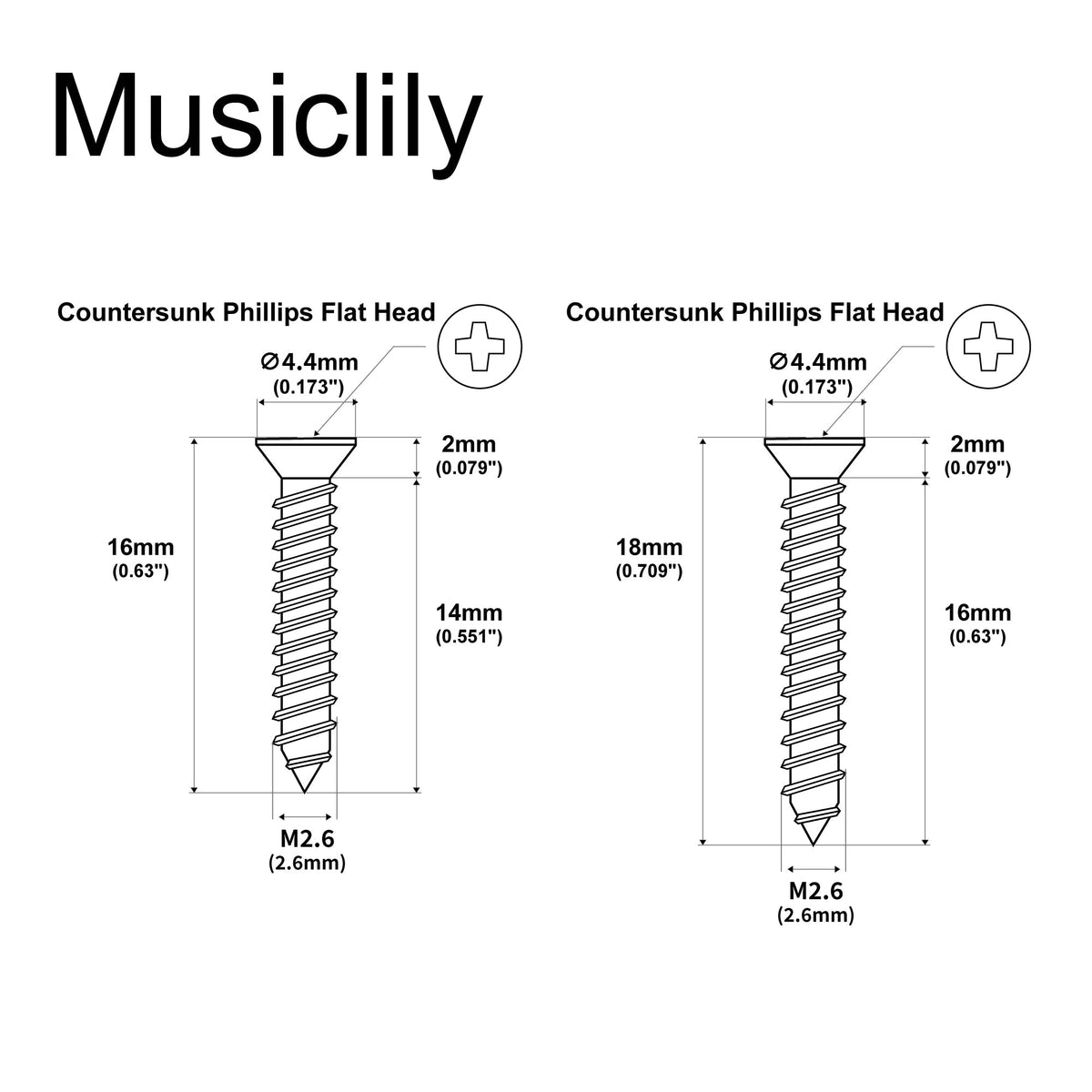 Musiclily Ultra Metric M2.6x16mm/M2.6x18mm Stainless Steel Humbucker Mounting Ring Screws Set Phillips Flat Head Countersunk for Electric Guitar (Set of 20) Musiclily Ultra