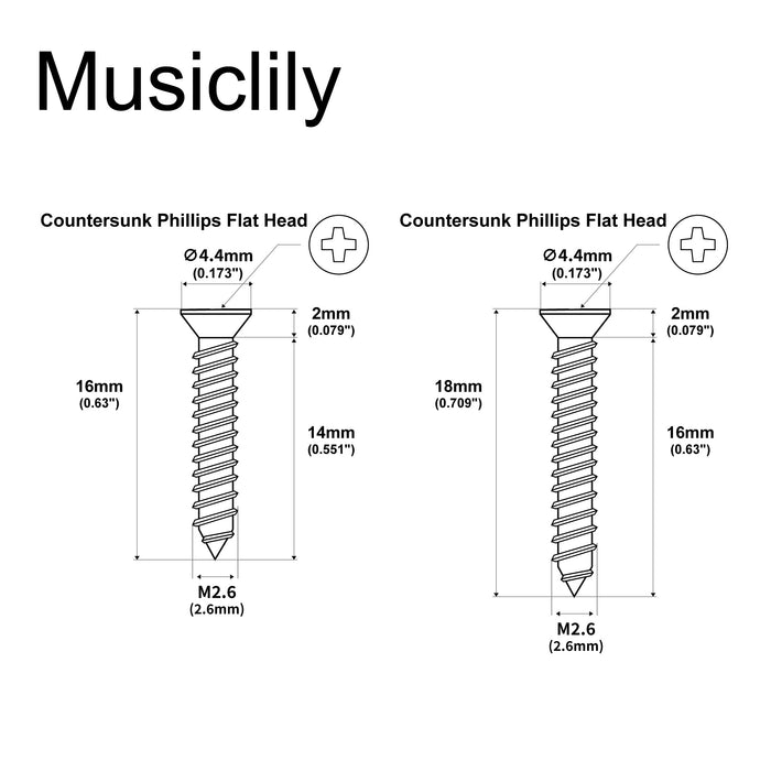 Musiclily Ultra Metric M2.6x16mm/M2.6x18mm Stainless Steel Humbucker Mounting Ring Screws Set Phillips Flat Head Countersunk for Electric Guitar (Set of 20)