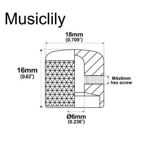 Dimensions of musiclily pro 6mm full brass dome control knob with set screw universal potentiometer knob for electric guitar bass