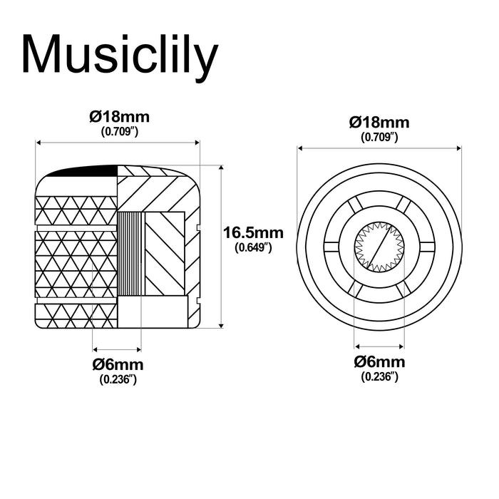 Dimensions of musiclily pro coarse 18 splines dome control knob potentiometer knob for imported electric guitar bass