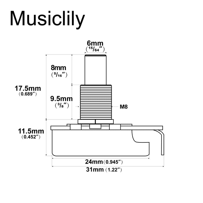 Alpha A250K Pots Metric Solid Standard Shaft 9.5mm Audio Taper Potentiometers for Electric Guitar Bass (Set of 4)