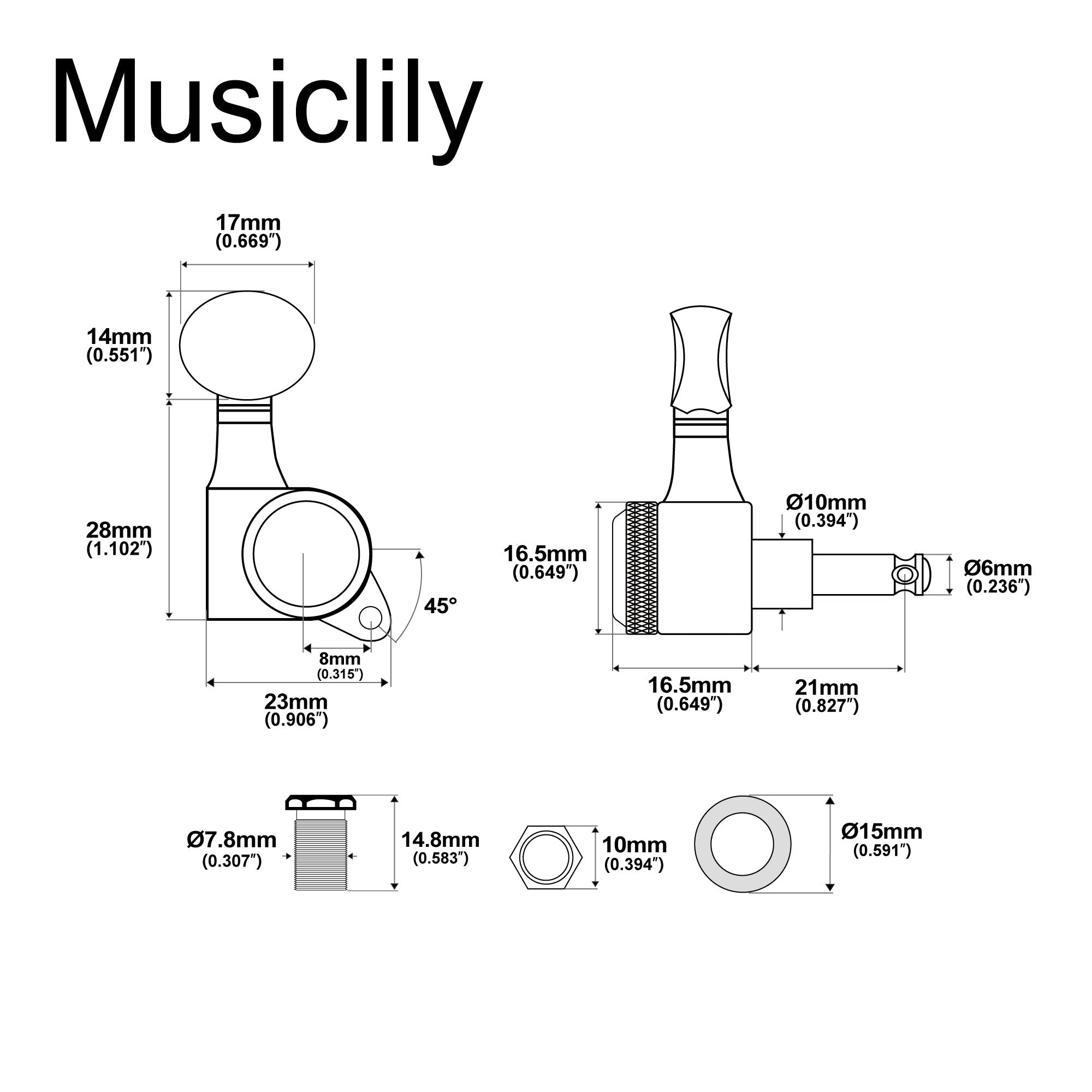 Musiclily Pro R18K 6-in-line 18:1 Ratio Full Sealed Locking Machine Heads Tuners Tuning Pegs Keys with Vintage Oval Button 45 Degree Screw for Strat Tele Style Electric Guitar Musiclily Pro