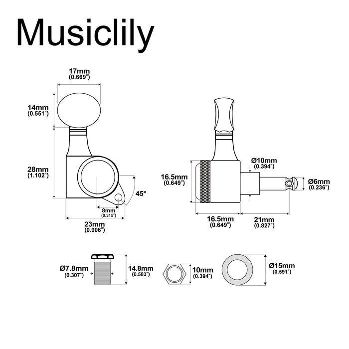 Musiclily Pro Single 18:1 Ratio Full Sealed Locking Machine Head Bass Side Tuner Tuning Peg Key with Vintage Oval Button 45 Degree Screw for Strat Tele Style Electric Guitar