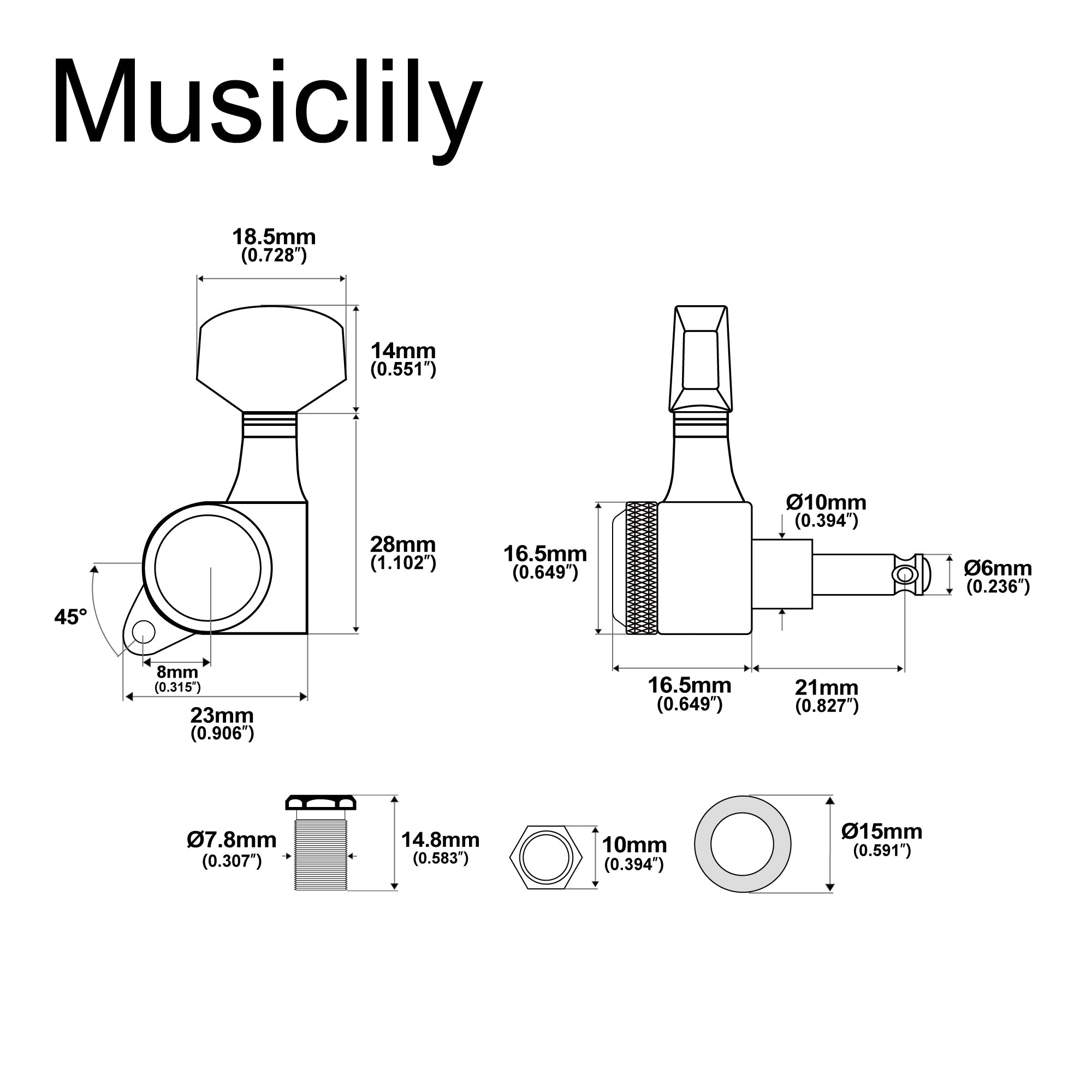 Musiclily Pro R18K Left-Handed 6-in-line 18:1 Ratio Full Sealed Locking Machine Heads Tuners Tuning Pegs Keys with Hex Button 45 Degree Screw for Strat Tele Style Electric Guitar Musiclily Pro