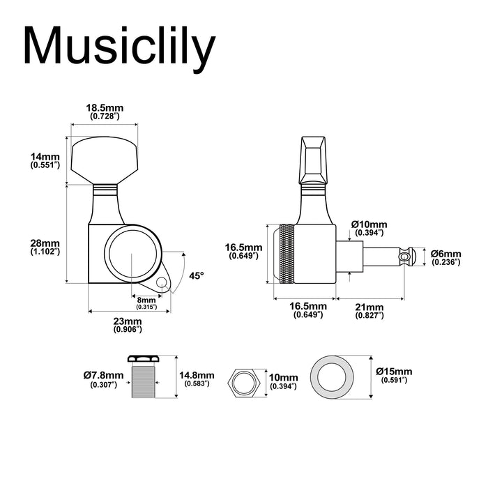 Musiclily Pro Single 18:1 Ratio Full Sealed Locking Machine Head Bass Side Tuner Tuning Peg Key with Hex Button 45 Degree Screw for Strat Tele Style Electric Guitar