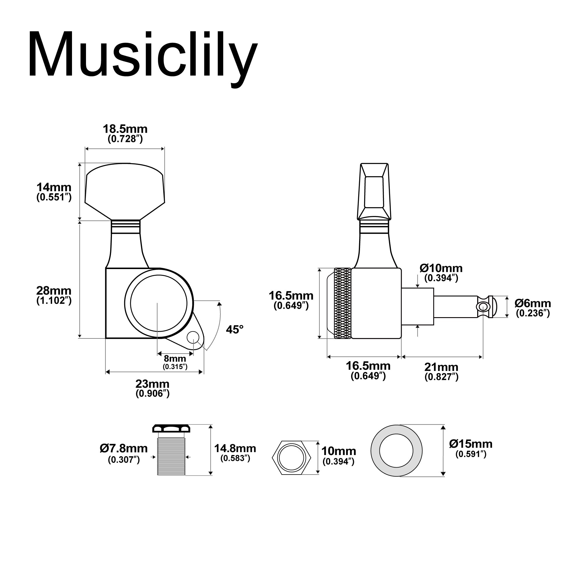 Musiclily Pro R18K 6-in-line 18:1 Ratio Full Sealed Locking Machine Heads Tuners Tuning Pegs Keys with Hex Button 45 Degree Screw for Strat Tele Style Electric Guitar Musiclily Pro