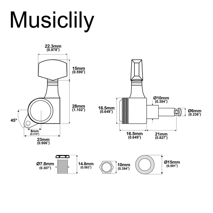 Musiclily Pro Single 18:1 Ratio Full Sealed Locking Machine Head Treble Side Tuner Tuning Peg Key with Big Hex Button 45 Degree Screw for Acoustic Electric Guitar
