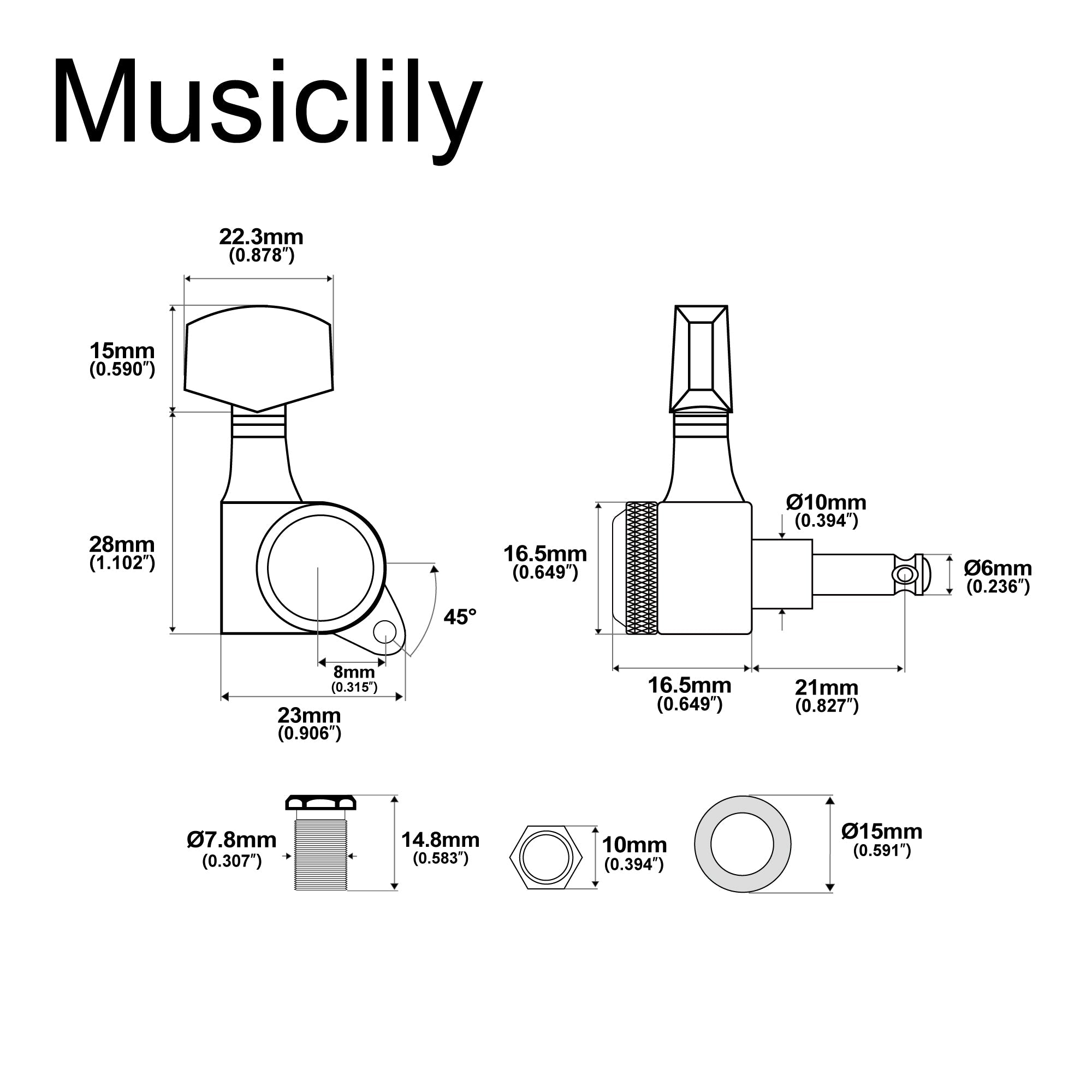 Musiclily Pro R18K Single 18:1 Ratio Full Sealed Locking Machine Head Bass Side Tuner Tuning Peg Key with Big Hex Button 45 Degree Screw for Acoustic Electric Guitar Musiclily Pro