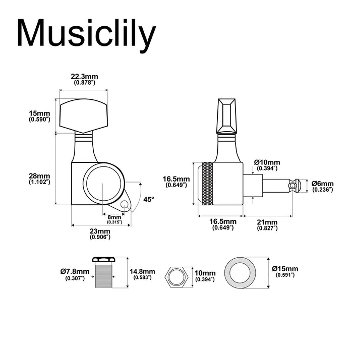 Musiclily Pro Single 18:1 Ratio Full Sealed Locking Machine Head Bass Side Tuner Tuning Peg Key with Big Hex Button 45 Degree Screw for Acoustic Electric Guitar