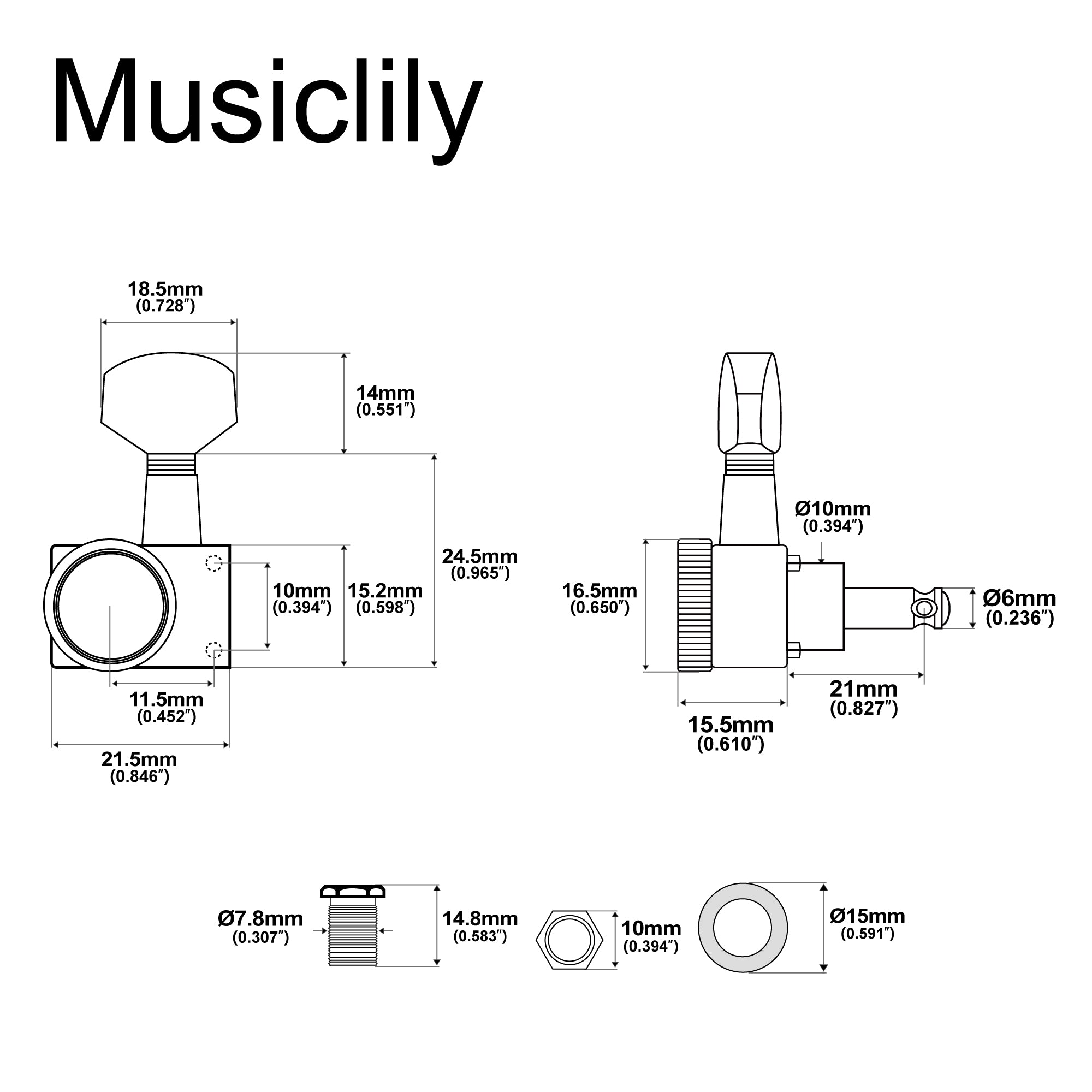 Musiclily Pro R18K Single 18:1 Ratio 2-Pin Full Sealed Locking Machine Head Treble Side Tuner Tuning Peg Key with Hex Button for Fender Strat Tele Style Electric Guitar Musiclily Pro