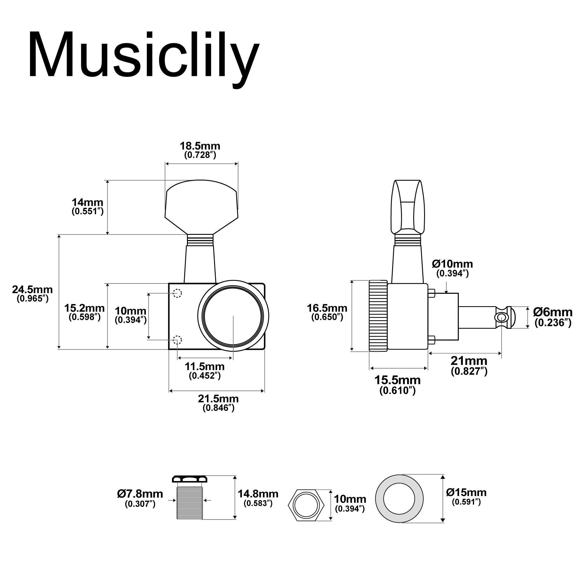 Musiclily Pro R18K Single 18:1 Ratio 2-Pin Full Sealed Locking Machine Head Bass Side Tuner Tuning Peg Key with Hex Button for Fender Strat Tele Style Electric Guitar Musiclily Pro