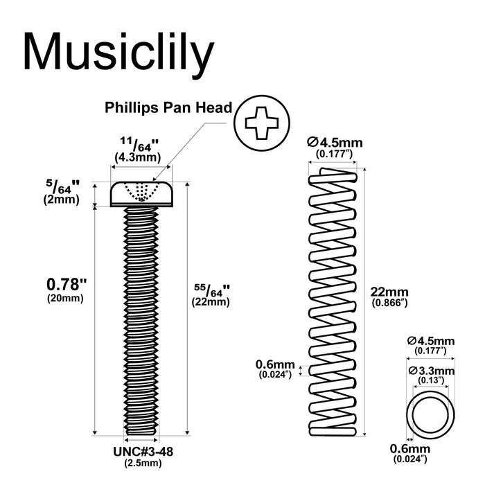 Musiclily Ultra UNC#3-48X0.78 Inch (2.5x20mm) Stainless Steel Humbucker Pickup Mounting Screws and Springs Set for Fender USA and MIM Electric Guitar (Set of 4)