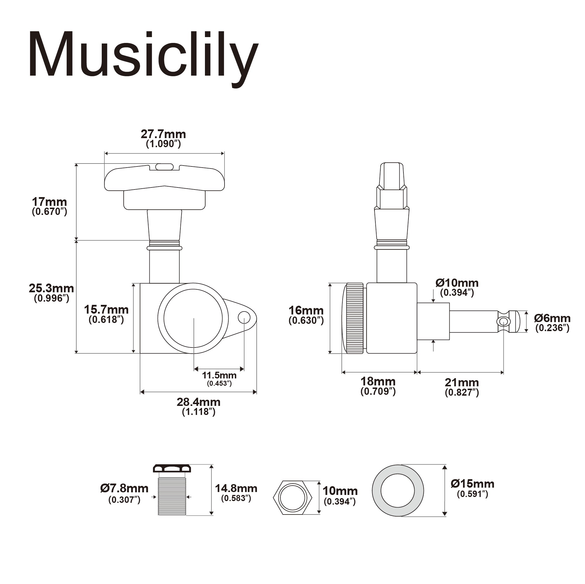Musiclily Pro R18K-08 Однополюсный 18:1 Передаточное число, полностью герметичный блокирующий механизм, тюнер для нижней стороны с кнопкой GR-Style для акустической электрогитары