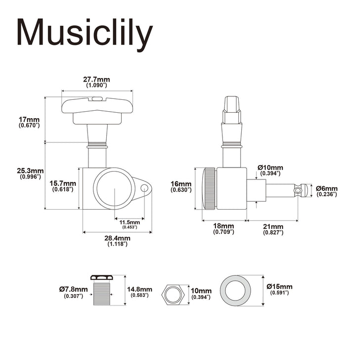 Musiclily Pro R18K Single 18:1 Ratio Full Sealed Locking Machine Head Bass Side Tuner Tuning Peg Key with GR-Style Button for Acoustic Electric Guitar