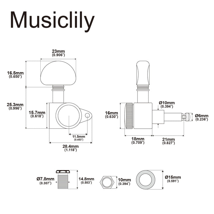 Musiclily Pro R18K Single 18:1 Ratio Full Sealed Locking Machine Head Bass Side Tuner Tuning Peg Key with Half Moon Button for Acoustic Electric Guitar