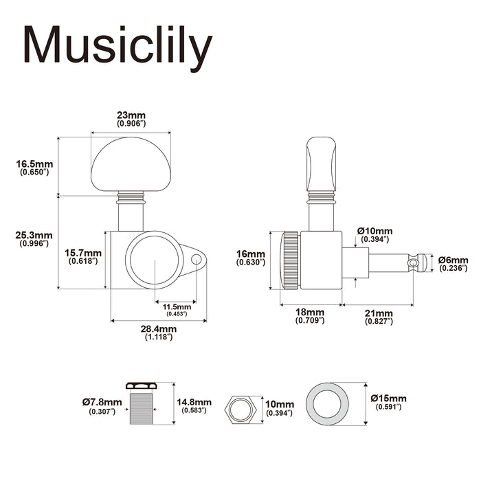 Musiclily Pro R18K Single 18:1 Ratio Full Sealed Locking Machine Head Bass Side Tuner Tuning Peg Key with Half Moon Button for Acoustic Electric Guitar