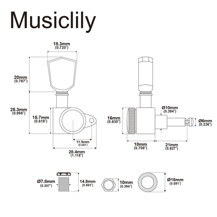 Musiclily Pro R18K Single 18:1 Ratio Full Sealed Locking Machine Head Bass Side Tuner Tuning Peg Key with Keystone Button for Acoustic Electric Guitar