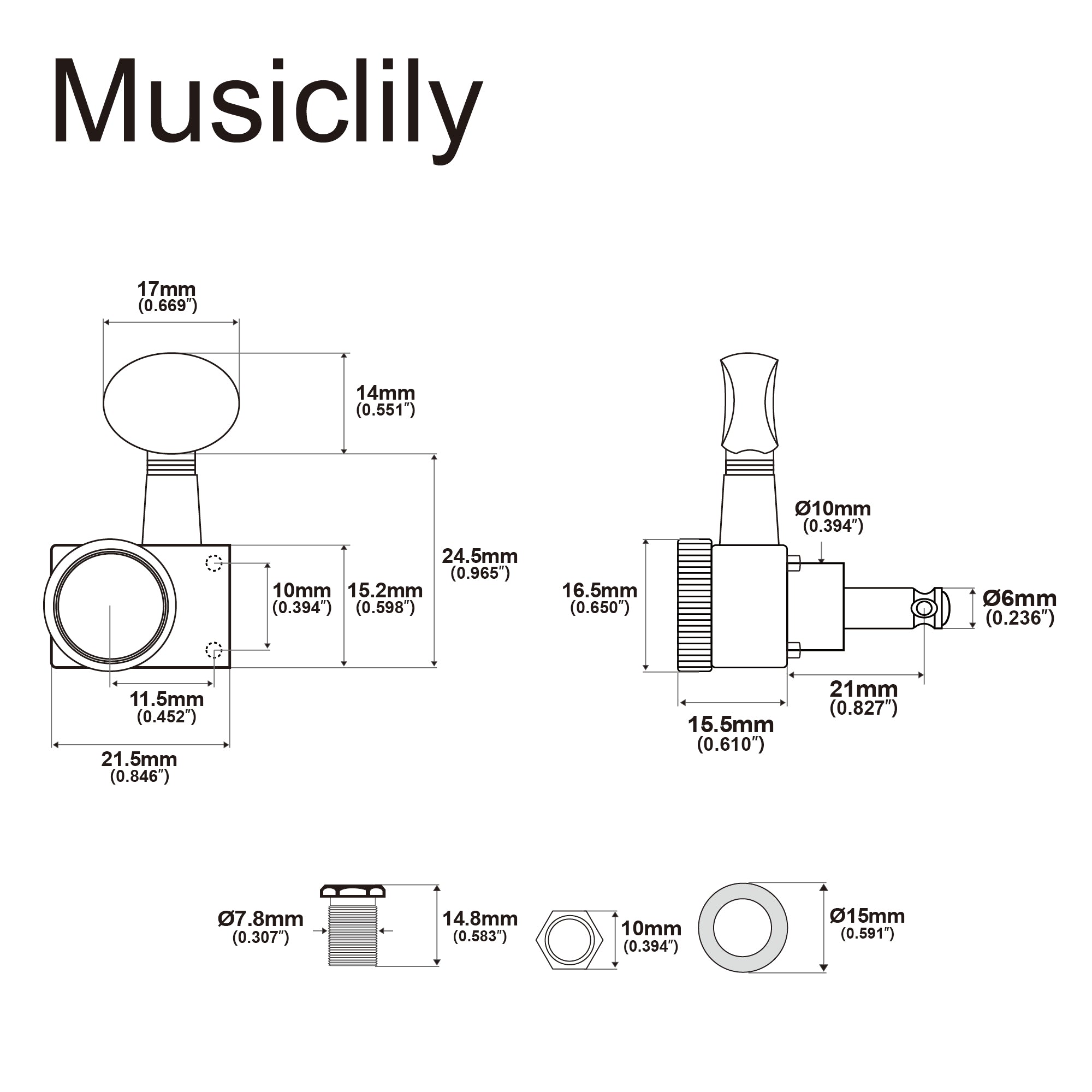 Musiclily Pro R18K-12 Левша, 6-в-ряд, 18:1 Передаточное число, 2-контактный полностью герметичный блокирующий механизм, тюнеры, ключи с винтажной овальной кнопкой для электрогитары Fender Strat Tele Style