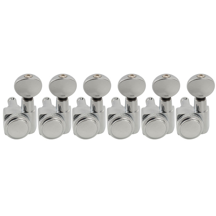 Musiclily Pro R18K Left-Handed 6-in-line 18:1 Ratio 2-Pin Full Sealed Locking Machine Heads Tuners Tuning Pegs Keys with Vintage Oval Button for Fender Strat Tele Style Electric Guitar, Chrome