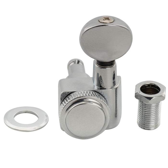 Musiclily Pro R18K Left-Handed 6-in-line 18:1 Ratio 2-Pin Full Sealed Locking Machine Heads Tuners Tuning Pegs Keys with Vintage Oval Button for Fender Strat Tele Style Electric Guitar, Chrome