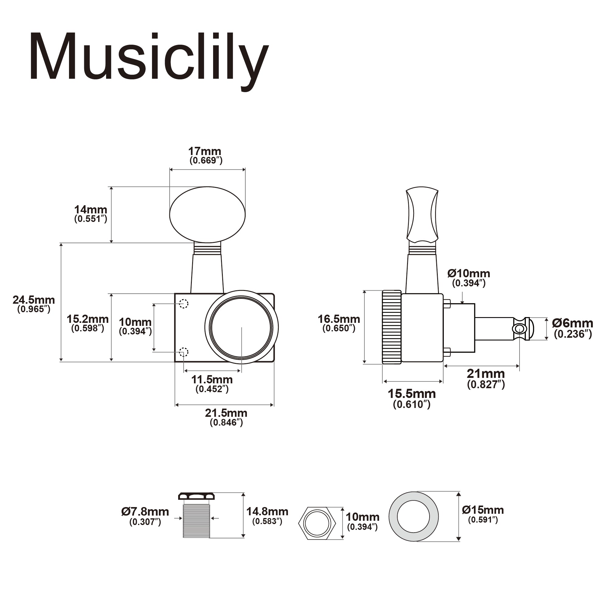Musiclily Pro R18K-13 6-в-ряд, 18:1 Передаточное число, 2-контактный полностью герметичный блокирующий механизм, тюнеры, ключи с винтажной овальной кнопкой для электрогитары Fender Strat Tele Style