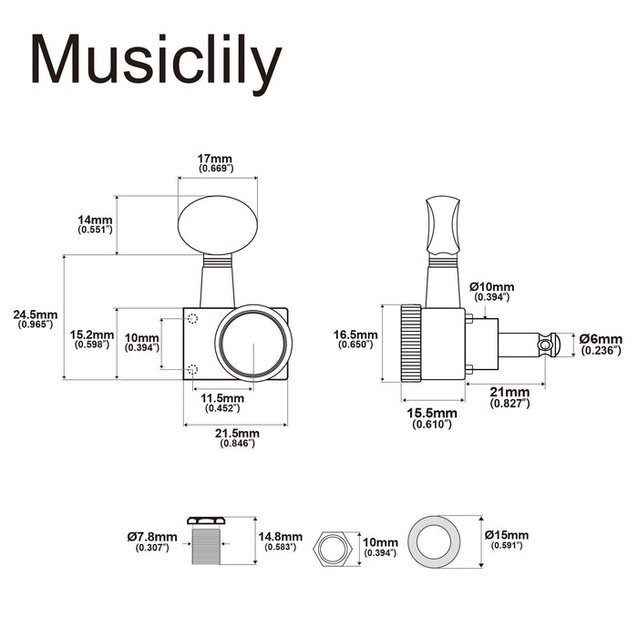 Musiclily Pro 6インライン 18:1比 2ピン 完全密封ロック式マシンヘッド チューナー チューニングペグキー ヴィンテージオーバルボタン Fender Strat/Teleスタイル エレキギター用