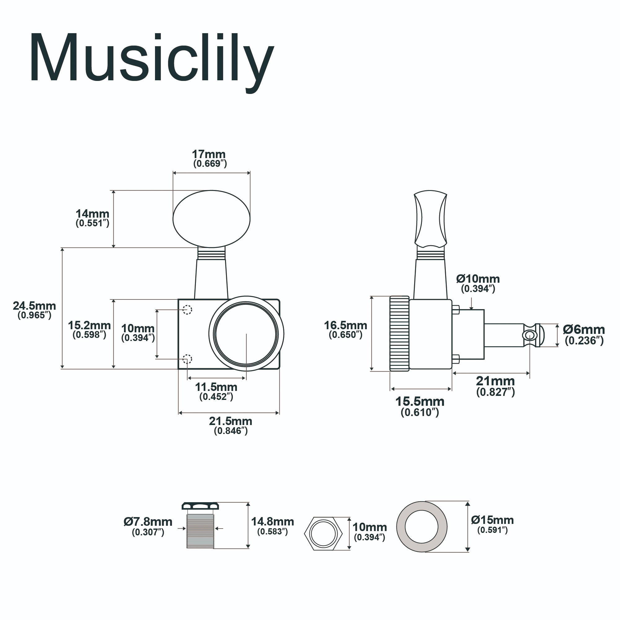 Musiclily Pro R18K-13 Однополюсный 18:1 Передаточное число, 2-контактный полностью герметичный блокирующий механизм, тюнер для басовой стороны с винтажной овальной кнопкой для электрогитары в стиле Fender Strat Tele