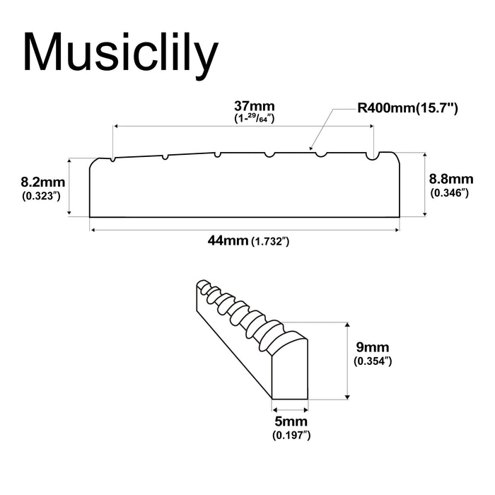 Musiclily Pro 44x5x9mm Flat Bottom Slotted Bone Nut for 6 String YA Style L Series Acoustic Guitar (Set of 2)