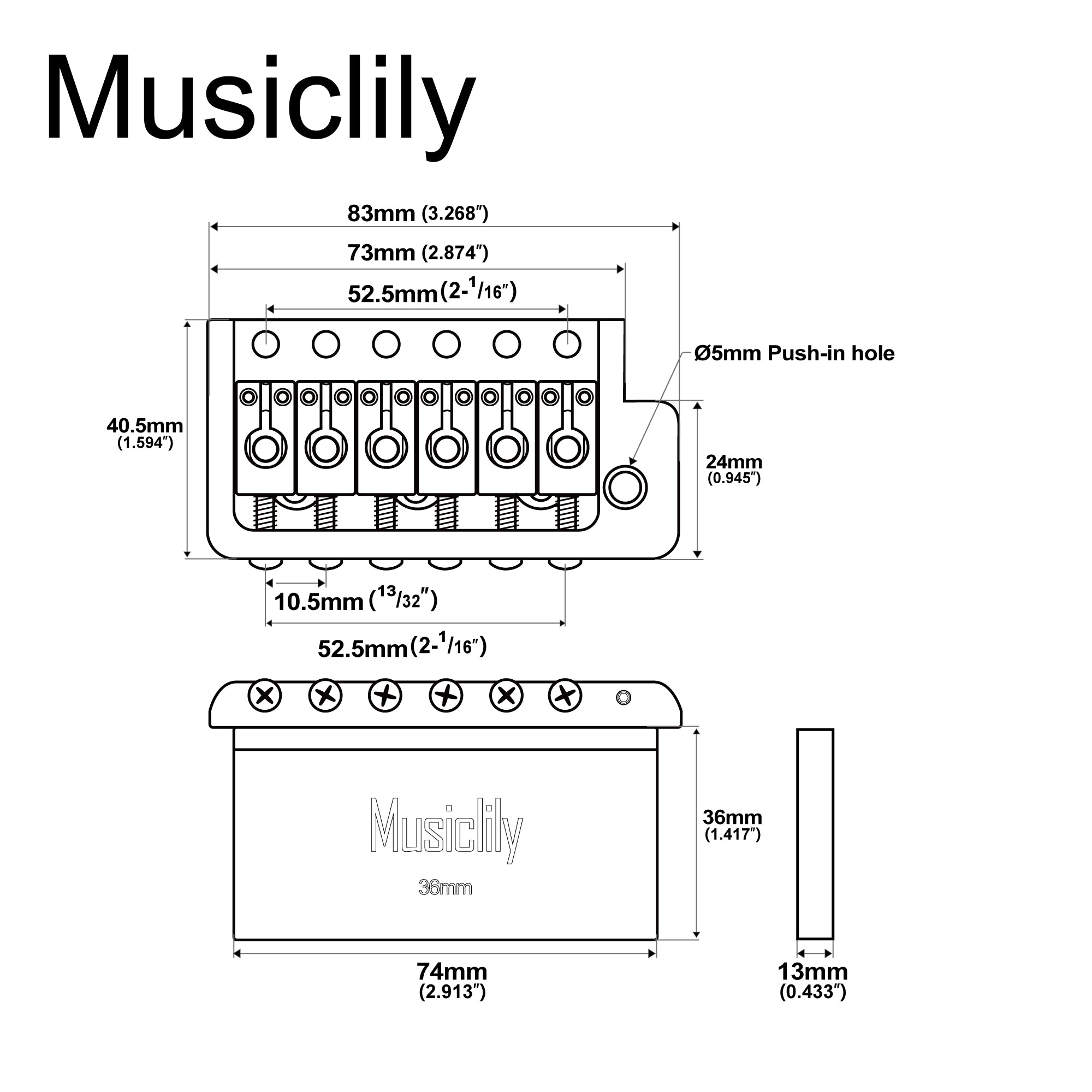 Musiclily Ultra BV022 52,5mm(2-1/16 Zoll) Vollmassives Messing 6-Schrauben Messer Kante Tremolo Brücke mit 36mm Block für Strat Stil E-Gitarre
