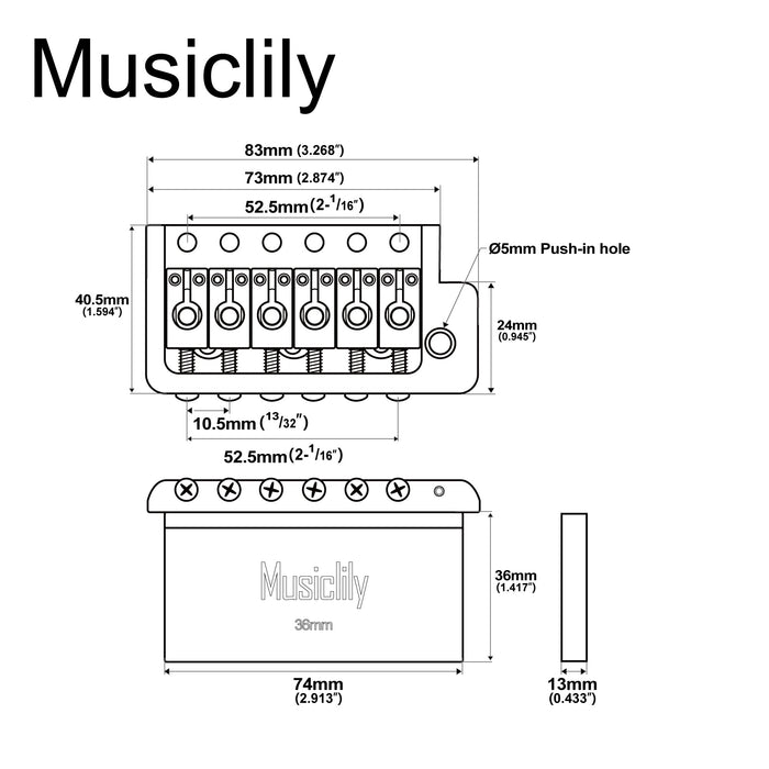 Musiclily Ultra 52.5mm(2-1/16インチ) 全ソリッドブラス 6スクリュー ナイフエッジトレモロブリッジ 36mmブロック付き Stratスタイル エレキギター用