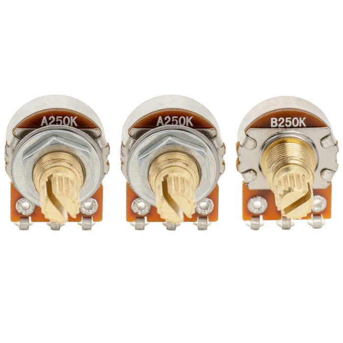 Musiclily Pro A250Kx2+B250K ミニポット 黄銅製 メトリック スプリット ショートシャフト 6.5mm オーディオリニアテーパー ポテンショメーター ST/Tele/PB/JBスタイル エレキギター/ベース用 (2A1Bセット)