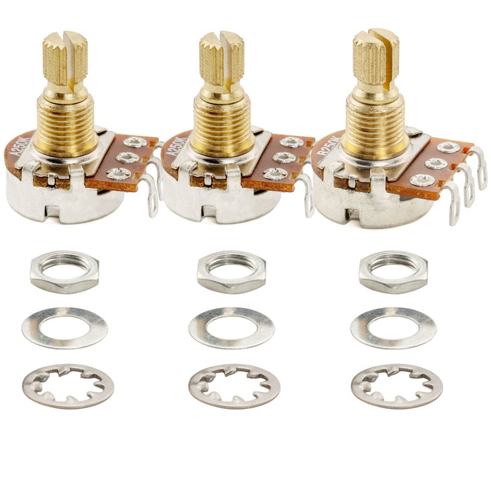 Musiclily Pro A250Kx2+B250K ミニポット 黄銅製 メトリック スプリット ショートシャフト 6.5mm オーディオリニアテーパー ポテンショメーター ST/Tele/PB/JBスタイル エレキギター/ベース用 (2A1Bセット)