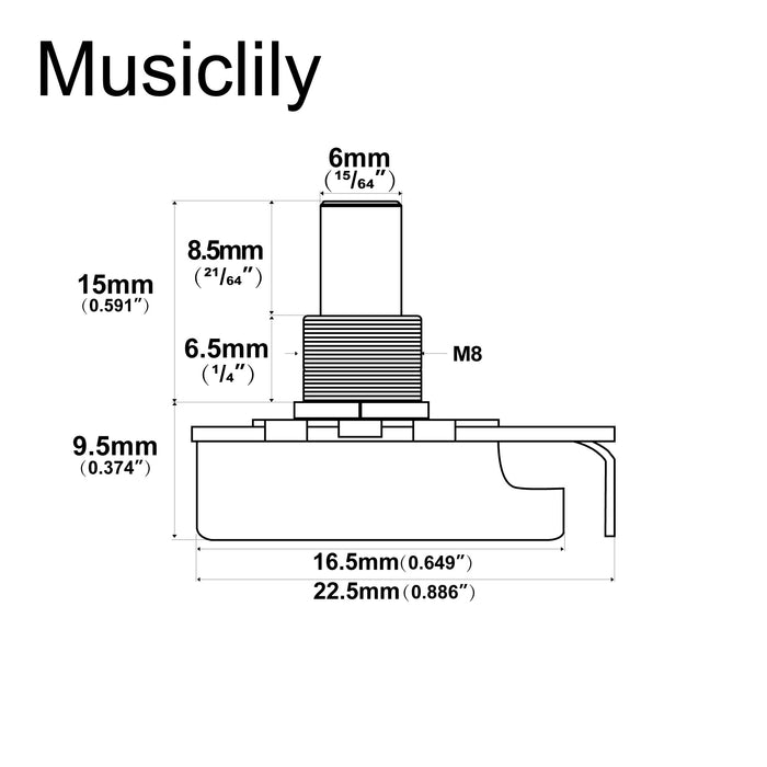 Musiclily Pro A250K ミニポット 黄銅製 メトリック ソリッド ショートシャフト 6.5mm オーディオテーパー ポテンショメーター Tele/PB/JBスタイル エレキギター/ベース用 (2個セット)