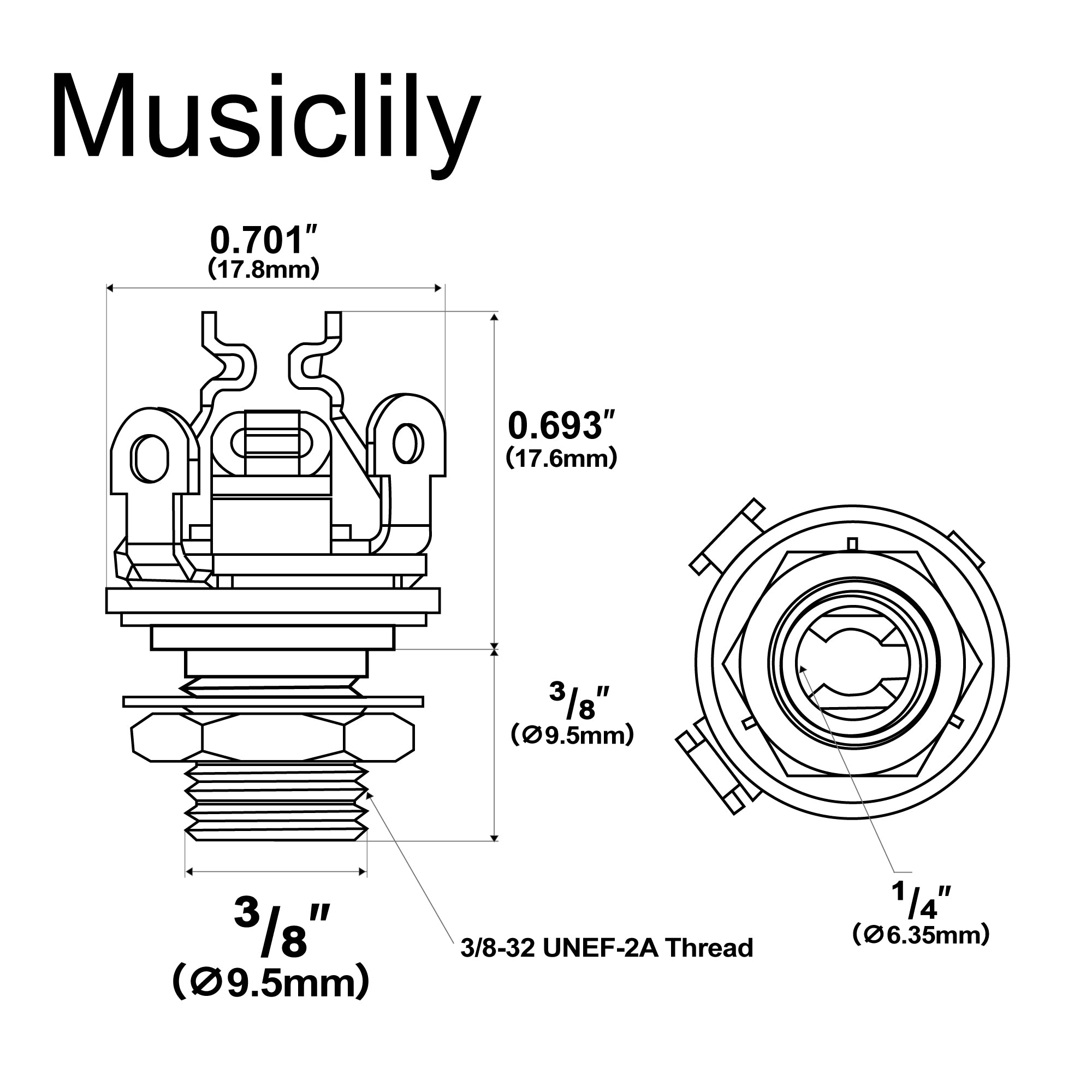 Pure Tone 1/4 inch 6.35mm Mono Output Jack Socket Multi-Contact for Electric Guitar Bass, Cosmo Black