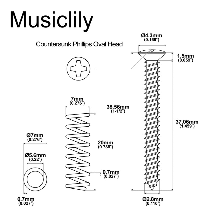 Conjunto de Parafusos de Montagem de Captação de Aço Inoxidável #4x1-1/2 Polegada (2,8x38,56mm) e Molas Musiclily Ultra para Guitarra Elétrica Estilo P90, Conjunto de 4