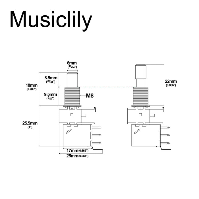Musiclily Pro A250K ブラスポット メトリックソリッドスタンダードシャフト 9.5mm プッシュプル オーディオテーパーポテンショメーター エレキギター/ベース用