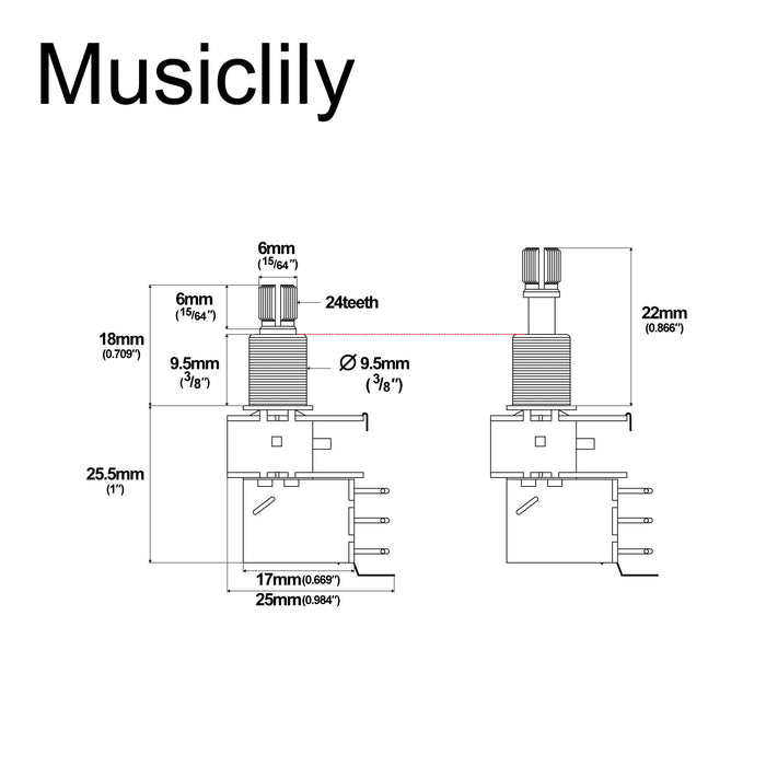 Musiclily Pro A500K ブラスポット 分割スタンダードシャフト 3/8インチ プッシュプル オーディオテーパーポテンショメーター エレキギター/ベース用